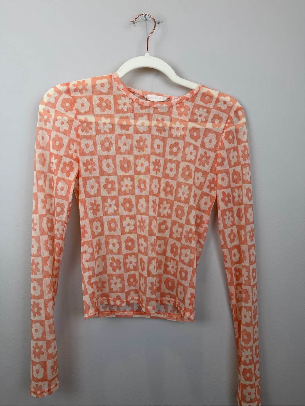 Alter’d State Floral Checkerboard Mesh Long Sleeve Top Size S